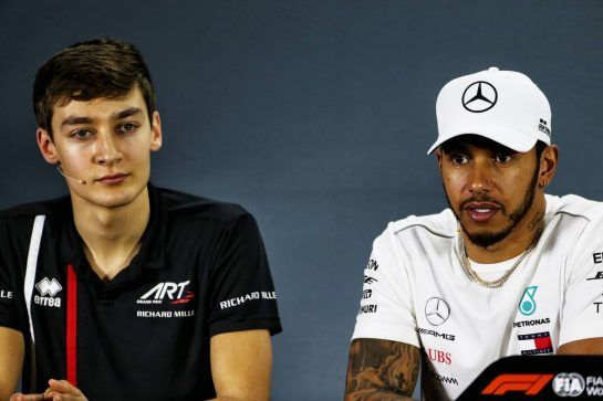 (L to R): George Russell (GBR) Art Grand Prix F2 Driver / Mercedes AMG F1 Reserve Driver / Williams and Lewis Hamilton (GBR) Mercedes AMG F1 in the FIA Press Conference.
22.11.2018. Formula 1 World Championship, Rd 21, Abu Dhabi Grand Prix, Yas Marina Circuit, Abu Dhabi, Preparation Day.
- www.xpbimages.com, EMail: requests@xpbimages.com - copy of publication required for printed pictures. Every used picture is fee-liable. © Copyright: Moy / XPB Images
