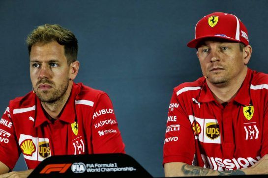 (L to R): Sebastian Vettel (GER) Ferrari and Kimi Raikkonen (FIN) Ferrari in the FIA Press Conference.
22.11.2018. Formula 1 World Championship, Rd 21, Abu Dhabi Grand Prix, Yas Marina Circuit, Abu Dhabi, Preparation Day.
- www.xpbimages.com, EMail: requests@xpbimages.com - copy of publication required for printed pictures. Every used picture is fee-liable. © Copyright: Moy / XPB Images