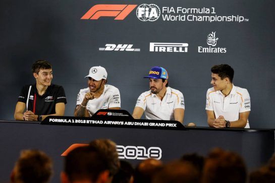 The FIA Press Conference (L to R): George Russell (GBR) Art Grand Prix F2 Driver / Mercedes AMG F1 Reserve Driver / Williams; Lewis Hamilton (GBR) Mercedes AMG F1; Fernando Alonso (ESP) McLaren; Lando Norris (GBR) McLaren Test Driver.
22.11.2018. Formula 1 World Championship, Rd 21, Abu Dhabi Grand Prix, Yas Marina Circuit, Abu Dhabi, Preparation Day.
- www.xpbimages.com, EMail: requests@xpbimages.com - copy of publication required for printed pictures. Every used picture is fee-liable. © Copyright: Moy / XPB Images