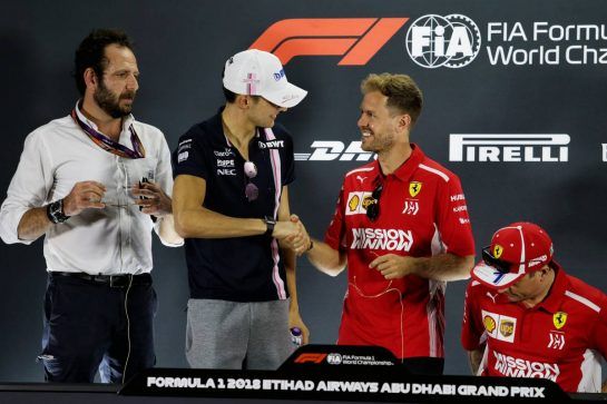 (L to R): Matteo Bonciani (ITA) FIA Media Delegate; Esteban Ocon (FRA) Racing Point Force India F1 Team; Sebastian Vettel (GER) Ferrari; and Kimi Raikkonen (FIN) Ferrari, in the FIA Press Conference.
22.11.2018. Formula 1 World Championship, Rd 21, Abu Dhabi Grand Prix, Yas Marina Circuit, Abu Dhabi, Preparation Day.
- www.xpbimages.com, EMail: requests@xpbimages.com - copy of publication required for printed pictures. Every used picture is fee-liable. © Copyright: Moy / XPB Images