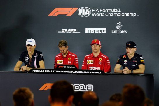The FIA Press Conference (L to R): Esteban Ocon (FRA) Racing Point Force India F1 Team; Sebastian Vettel (GER) Ferrari; Kimi Raikkonen (FIN) Ferrari; and Max Verstappen (NLD) Red Bull Racing.
22.11.2018. Formula 1 World Championship, Rd 21, Abu Dhabi Grand Prix, Yas Marina Circuit, Abu Dhabi, Preparation Day.
- www.xpbimages.com, EMail: requests@xpbimages.com - copy of publication required for printed pictures. Every used picture is fee-liable. © Copyright: Moy / XPB Images