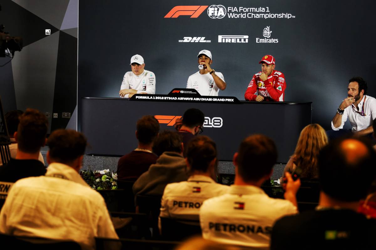 Valtteri Bottas (FIN) Mercedes AMG F1; Lewis Hamilton (GBR) Mercedes AMG F1; and Sebastian Vettel (GER) Ferrari, in the post qualifying FIA Press Conference.