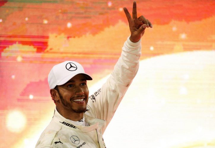 Abu Dhabi Grand Prix winner Lewis Hamilton (GBR) Mercedes AMG F1 W09 celebrates in parc ferme.