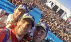 Mahindra Racing's Jérôme d'Ambrosio on the podium with Envision Virgin Racing's Robin Frijns and Sam Bird after the 2019 Marrakesh ePrix.