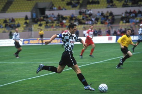 A big football fan Schumacher was fairly handy on the pitch in his role as… a striker, what else? Here he is in 1999, playing with the drivers' squad during a benefit match in Monaco.