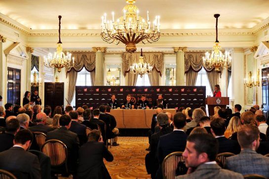 (L to R): Romain Grosjean (FRA) Haas F1 Team; Kevin Magnussen (DEN) Haas F1 Team; Guenther Steiner (ITA) Haas F1 Team Prinicipal; William Storey (GBR) Rich Energy CEO.
27.02.2019. Haas F1 Team Livery Unveil, The Royal Automobile Club, London, England.
- www.xpbimages.com, EMail: requests@xpbimages.com - copy of publication required for printed pictures. Every used picture is fee-liable. © Copyright: Batchelor / XPB Images