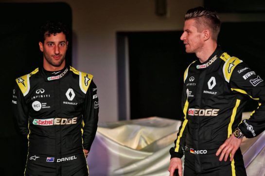 (L to R): Daniel Ricciardo (AUS) Renault Sport F1 Team with team mate Nico Hulkenberg (GER) Renault Sport F1 Team.
12.02.2019. Renault Sport F1 Team RS19 Launch, Enstone England. Tuesday.
- www.xpbimages.com, EMail: requests@xpbimages.com - copy of publication required for printed pictures. Every used picture is fee-liable. © Copyright: Batchelor / XPB Images