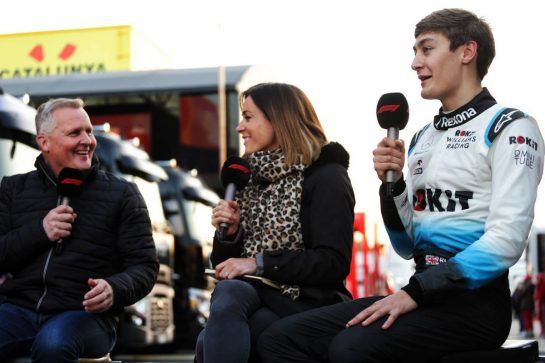 (L to R): Johnny Herbert (GBR) Sky Sports F1 Presenter with Natalie Pinkham (GBR) Sky Sports Presenter and George Russell (GBR) Williams Racing.
20.02.2019. Formula One Testing, Day Three, Barcelona, Spain. Wednesday.
- www.xpbimages.com, EMail: requests@xpbimages.com - copy of publication required for printed pictures. Every used picture is fee-liable. © Copyright: Bearne / XPB Images