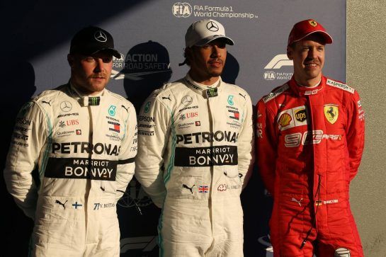 Pole for Lewis Hamilton (GBR) Mercedes AMG F1 W10, 2nd for Valtteri Bottas (FIN) Mercedes AMG F1 W10 and 3rd for Sebastian Vettel (GER) Ferrari SF90.
16.03.2019. Formula 1 World Championship, Rd 1, Australian Grand Prix, Albert Park, Melbourne, Australia, Qualifying Day.
- www.xpbimages.com, EMail: requests@xpbimages.com - copy of publication required for printed pictures. Every used picture is fee-liable. © Copyright: Batchelor / XPB Images