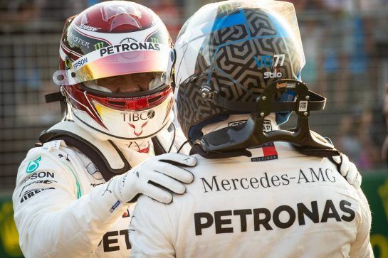 (L to R): Lewis Hamilton (GBR) Mercedes AMG F1 celebrates his pole position in qualifying parc ferme with team mate Valtteri Bottas (FIN) Mercedes AMG F1.
16.03.2019. Formula 1 World Championship, Rd 1, Australian Grand Prix, Albert Park, Melbourne, Australia, Qualifying Day.
- www.xpbimages.com, EMail: requests@xpbimages.com - copy of publication required for printed pictures. Every used picture is fee-liable. © Copyright: Bearne / XPB Images