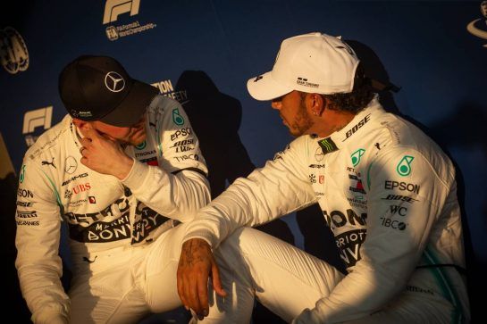 (L to R): Valtteri Bottas (FIN) Mercedes AMG F1 in qualifying parc ferme with team mate and pole sitter Lewis Hamilton (GBR) Mercedes AMG F1.
16.03.2019. Formula 1 World Championship, Rd 1, Australian Grand Prix, Albert Park, Melbourne, Australia, Qualifying Day.
 - www.xpbimages.com, EMail: requests@xpbimages.com - copy of publication required for printed pictures. Every used picture is fee-liable. © Copyright: Bearne / XPB Images
