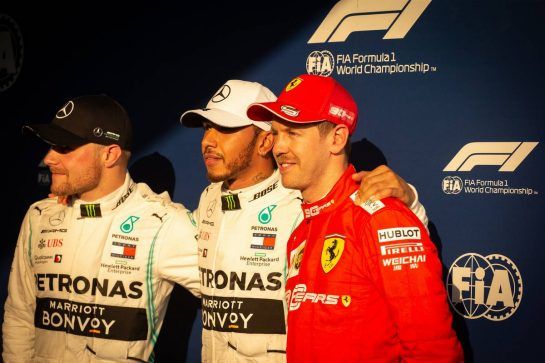 Qualifying top three in parc ferme (L to R): Valtteri Bottas (FIN) Mercedes AMG F1, second; Lewis Hamilton (GBR) Mercedes AMG F1, pole position; Sebastian Vettel (GER) Ferrari, third.
16.03.2019. Formula 1 World Championship, Rd 1, Australian Grand Prix, Albert Park, Melbourne, Australia, Qualifying Day.
 - www.xpbimages.com, EMail: requests@xpbimages.com - copy of publication required for printed pictures. Every used picture is fee-liable. © Copyright: Bearne / XPB Images