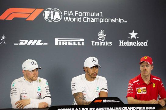 The post qualifying FIA Press Conference (L to R): Valtteri Bottas (FIN) Mercedes AMG F1, second; Lewis Hamilton (GBR) Mercedes AMG F1, pole position; Sebastian Vettel (GER) Ferrari, third.
16.03.2019. Formula 1 World Championship, Rd 1, Australian Grand Prix, Albert Park, Melbourne, Australia, Qualifying Day.
- www.xpbimages.com, EMail: requests@xpbimages.com - copy of publication required for printed pictures. Every used picture is fee-liable. © Copyright: Bearne / XPB Images