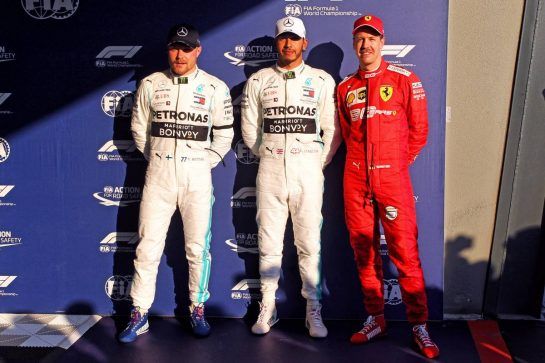 Qualifying top three in parc ferme (L to R): Valtteri Bottas (FIN) Mercedes AMG F1, second; Lewis Hamilton (GBR) Mercedes AMG F1, pole position; Sebastian Vettel (GER) Ferrari, third.
16.03.2019. Formula 1 World Championship, Rd 1, Australian Grand Prix, Albert Park, Melbourne, Australia, Qualifying Day.
- www.xpbimages.com, EMail: requests@xpbimages.com - copy of publication required for printed pictures. Every used picture is fee-liable. © Copyright: Photo4 / XPB Images