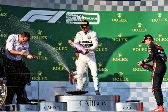 The podium (L to R): Lewis Hamilton (GBR) Mercedes AMG F1, second; Valtteri Bottas (FIN) Mercedes AMG F1, race winner; Max Verstappen (NLD) Red Bull Racing, third.
17.03.2019. Formula 1 World Championship, Rd 1, Australian Grand Prix, Albert Park, Melbourne, Australia, Race Day.
- www.xpbimages.com, EMail: requests@xpbimages.com - copy of publication required for printed pictures. Every used picture is fee-liable. © Copyright: Moy / XPB Images