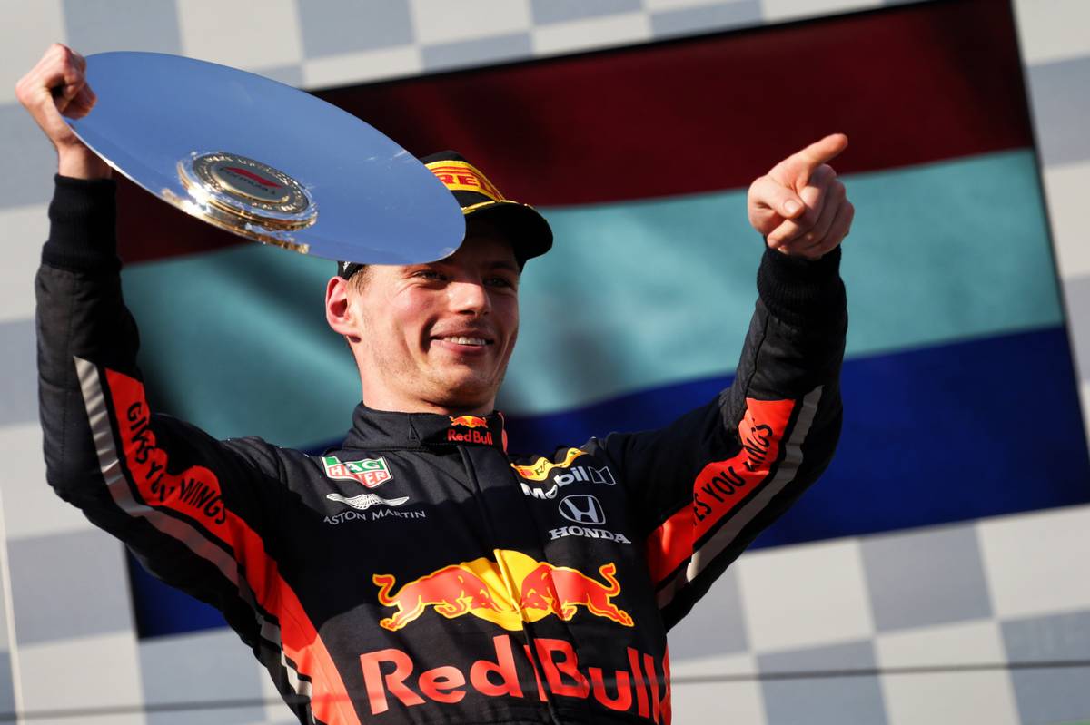 Max Verstappen (NLD) Red Bull Racing celebrates his third position on the podium.