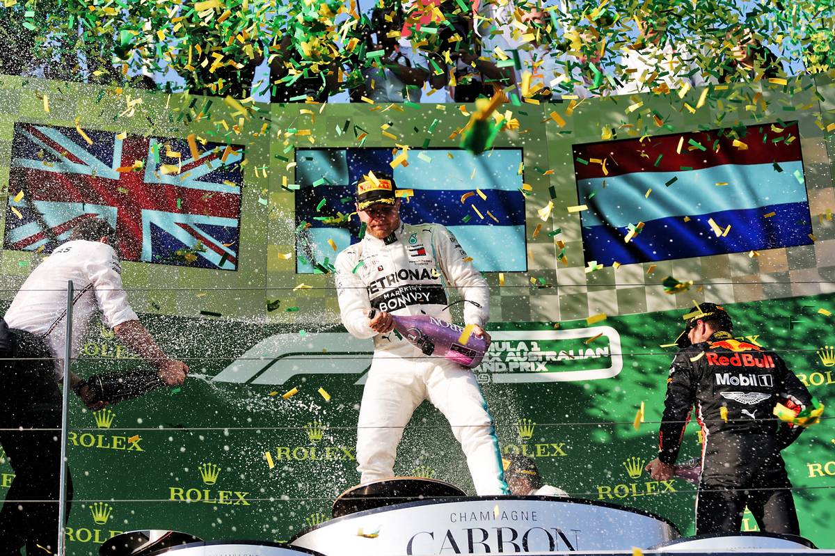 Race winner Valtteri Bottas (FIN) Mercedes AMG F1 celebrates on the podium.