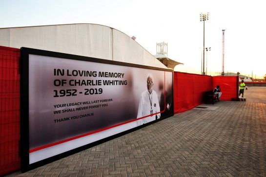 A tribute to Charlie Whiting in the paddock.
28.03.2019. Formula 1 World Championship, Rd 2, Bahrain Grand Prix, Sakhir, Bahrain, Preparation Day.
- www.xpbimages.com, EMail: requests@xpbimages.com - copy of publication required for printed pictures. Every used picture is fee-liable. © Copyright: Moy / XPB Images