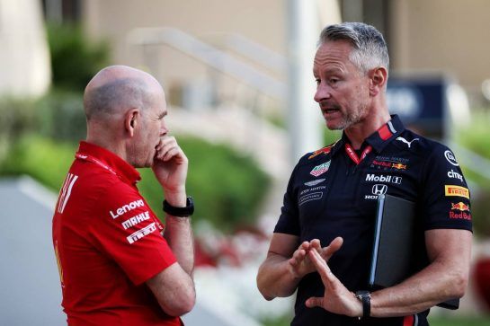 (L to R): Jock Clear (GBR) Ferrari Engineering Director with Jonathan Wheatley (GBR) Red Bull Racing Team Manager.
28.03.2019. Formula 1 World Championship, Rd 2, Bahrain Grand Prix, Sakhir, Bahrain, Preparation Day.
- www.xpbimages.com, EMail: requests@xpbimages.com - copy of publication required for printed pictures. Every used picture is fee-liable. © Copyright: Batchelor / XPB Images