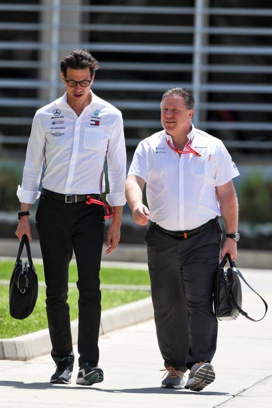 (L to R): Toto Wolff (GER) Mercedes AMG F1 Shareholder and Executive Director with Zak Brown (USA) McLaren Executive Director.
29.03.2019. Formula 1 World Championship, Rd 2, Bahrain Grand Prix, Sakhir, Bahrain, Practice Day
- www.xpbimages.com, EMail: requests@xpbimages.com - copy of publication required for printed pictures. Every used picture is fee-liable. © Copyright: Moy / XPB Images