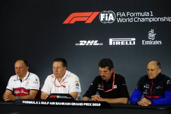 The FIA Press Conference (L to R): Frederic Vasseur (FRA) Alfa Romeo Racing Team Principal; Zak Brown (USA) McLaren Executive Director; Guenther Steiner (ITA) Haas F1 Team Prinicipal; Franz Tost (AUT) Scuderia Toro Rosso Team Principal.
29.03.2019. Formula 1 World Championship, Rd 2, Bahrain Grand Prix, Sakhir, Bahrain, Practice Day
- www.xpbimages.com, EMail: requests@xpbimages.com - copy of publication required for printed pictures. Every used picture is fee-liable. © Copyright: Batchelor / XPB Images