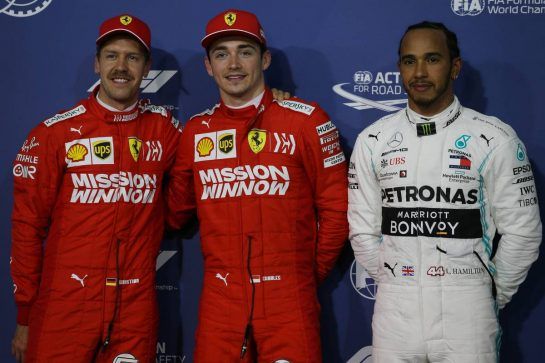 Pole for Charles Leclerc (MON) Ferrari SF90, 2nd for Sebastian Vettel (GER) Ferrari and 3rd for Lewis Hamilton (GBR) Mercedes AMG F1.
30.03.2019. Formula 1 World Championship, Rd 2, Bahrain Grand Prix, Sakhir, Bahrain, Qualifying Day.
- www.xpbimages.com, EMail: requests@xpbimages.com - copy of publication required for printed pictures. Every used picture is fee-liable. © Copyright: Batchelor / XPB Images