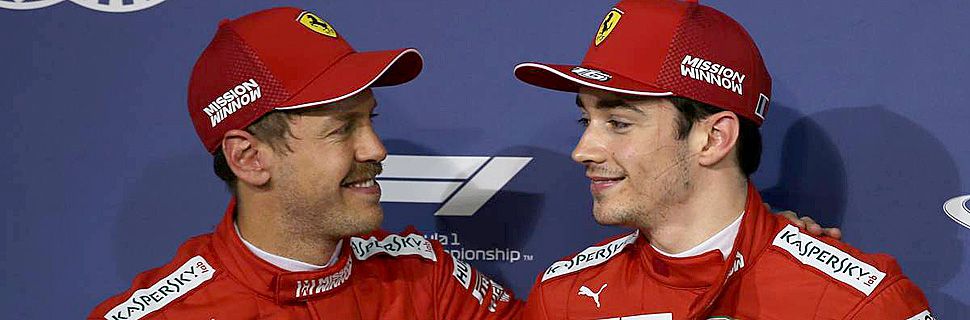Sebastian Vettel (GER) Ferrari SF90 with Charles Leclerc (MON) Ferrari who takes his 1st pole position.