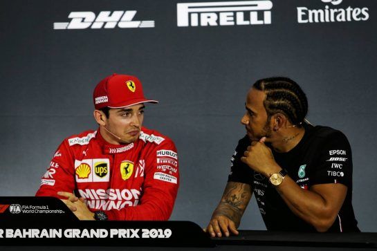 (L to R): Charles Leclerc (MON) Ferrari with Lewis Hamilton (GBR) Mercedes AMG F1 in the post qualifying FIA Press Conference.
30.03.2019. Formula 1 World Championship, Rd 2, Bahrain Grand Prix, Sakhir, Bahrain, Qualifying Day.
- www.xpbimages.com, EMail: requests@xpbimages.com - copy of publication required for printed pictures. Every used picture is fee-liable. © Copyright: Moy / XPB Images