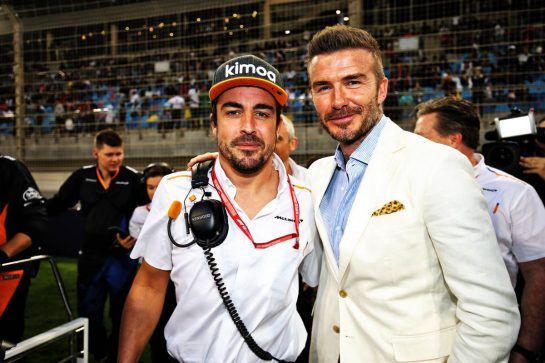 (L to R): Fernando Alonso (ESP) McLaren with David Beckham (GBR) Former Football Player on the grid.
31.03.2019. Formula 1 World Championship, Rd 2, Bahrain Grand Prix, Sakhir, Bahrain, Race Day.
- www.xpbimages.com, EMail: requests@xpbimages.com - copy of publication required for printed pictures. Every used picture is fee-liable. © Copyright: Moy / XPB Images