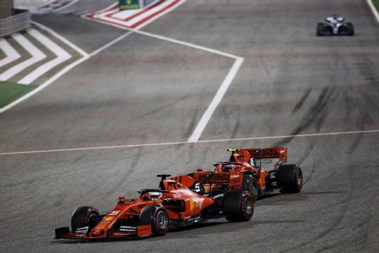 Sebastian Vettel (GER) Ferrari SF90 leads team mate Charles Leclerc (MON) Ferrari SF90.
31.03.2019. Formula 1 World Championship, Rd 2, Bahrain Grand Prix, Sakhir, Bahrain, Race Day.
- www.xpbimages.com, EMail: requests@xpbimages.com - copy of publication required for printed pictures. Every used picture is fee-liable. © Copyright: Charniaux / XPB Images