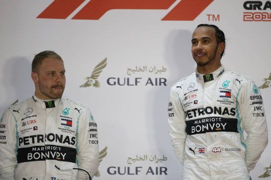 Valtteri Bottas (FIN) Mercedes AMG F1 and Lewis Hamilton (GBR) Mercedes AMG F1.
31.03.2019. Formula 1 World Championship, Rd 2, Bahrain Grand Prix, Sakhir, Bahrain, Race Day.
- www.xpbimages.com, EMail: requests@xpbimages.com - copy of publication required for printed pictures. Every used picture is fee-liable. © Copyright: Batchelor / XPB Images