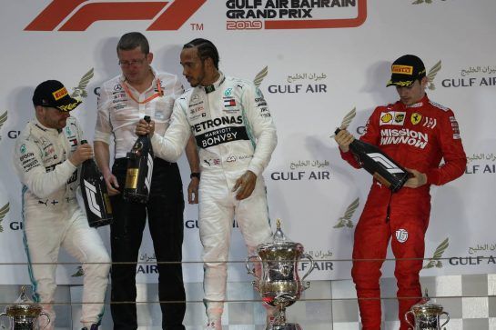 1st plalce Lewis Hamilton (GBR) Mercedes AMG F1, 2nd place Valtteri Bottas (FIN) Mercedes AMG F1 and 3rd palce Charles Leclerc (MON) Ferrari.
31.03.2019. Formula 1 World Championship, Rd 2, Bahrain Grand Prix, Sakhir, Bahrain, Race Day.
- www.xpbimages.com, EMail: requests@xpbimages.com - copy of publication required for printed pictures. Every used picture is fee-liable. © Copyright: Batchelor / XPB Images