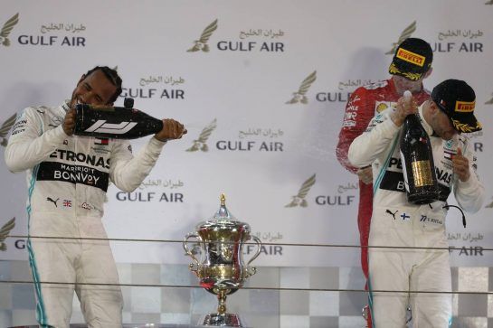 Lewis Hamilton (GBR) Mercedes AMG F1 W10 and Valtteri Bottas (FIN) Mercedes AMG F1.
31.03.2019. Formula 1 World Championship, Rd 2, Bahrain Grand Prix, Sakhir, Bahrain, Race Day.
- www.xpbimages.com, EMail: requests@xpbimages.com - copy of publication required for printed pictures. Every used picture is fee-liable. © Copyright: Batchelor / XPB Images