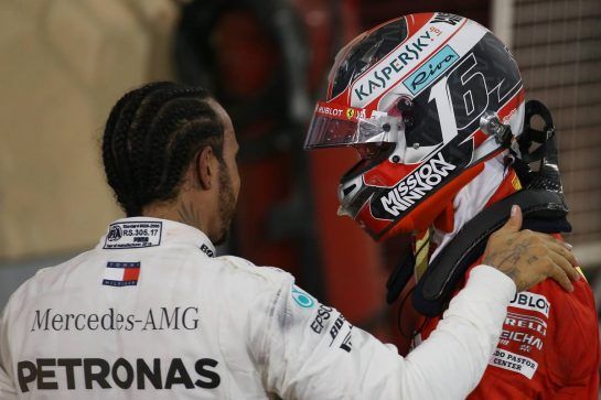 Lewis Hamilton (GBR) Mercedes AMG F1 and Charles Leclerc (MON) Ferrari.
31.03.2019. Formula 1 World Championship, Rd 2, Bahrain Grand Prix, Sakhir, Bahrain, Race Day.
- www.xpbimages.com, EMail: requests@xpbimages.com - copy of publication required for printed pictures. Every used picture is fee-liable. © Copyright: Batchelor / XPB Images