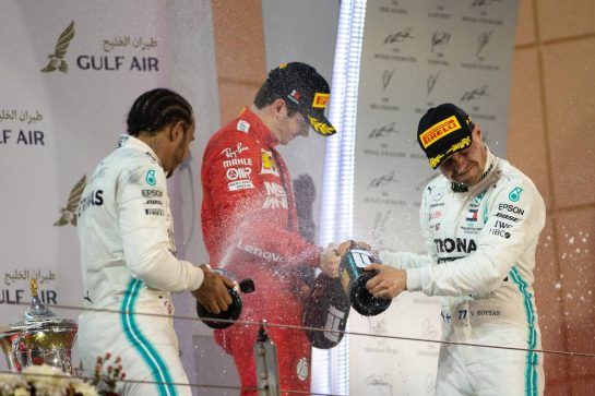 The podium (L to R): Race winner Lewis Hamilton (GBR) Mercedes AMG F1 celebrates with third placed Charles Leclerc (MON) Ferrari and second placed Valtteri Bottas (FIN) Mercedes AMG F1.
31.03.2019. Formula 1 World Championship, Rd 2, Bahrain Grand Prix, Sakhir, Bahrain, Race Day.
- www.xpbimages.com, EMail: requests@xpbimages.com - copy of publication required for printed pictures. Every used picture is fee-liable. © Copyright: Bearne / XPB Images