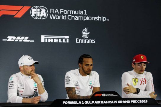 The post race FIA Press Conference (L to R): Valtteri Bottas (FIN) Mercedes AMG F1, second; Lewis Hamilton (GBR) Mercedes AMG F1, race winner; Charles Leclerc (MON) Ferrari, third.
31.03.2019. Formula 1 World Championship, Rd 2, Bahrain Grand Prix, Sakhir, Bahrain, Race Day.
- www.xpbimages.com, EMail: requests@xpbimages.com - copy of publication required for printed pictures. Every used picture is fee-liable. © Copyright: Moy / XPB Images