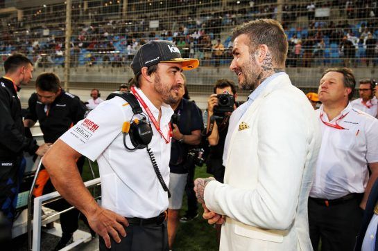 (L to R): Fernando Alonso (ESP) McLaren with David Beckham (GBR) Former Football Player on the grid.
31.03.2019. Formula 1 World Championship, Rd 2, Bahrain Grand Prix, Sakhir, Bahrain, Race Day.
- www.xpbimages.com, EMail: requests@xpbimages.com - copy of publication required for printed pictures. Every used picture is fee-liable. © Copyright: Moy / XPB Images