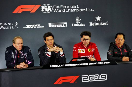 The FIA Press Conference (L to R): Andrew Green (GBR) Racing Point F1 Team Technical Director; Toto Wolff (GER) Mercedes AMG F1 Shareholder and Executive Director; Mattia Binotto (ITA) Ferrari Team Principal; and Toyoharu Tanabe (JPN) Honda F1 Technical Director.
12.04.2019. Formula 1 World Championship, Rd 3, Chinese Grand Prix, Shanghai, China, Practice Day.
- www.xpbimages.com, EMail: requests@xpbimages.com - copy of publication required for printed pictures. Every used picture is fee-liable. © Copyright: Bearne / XPB Images