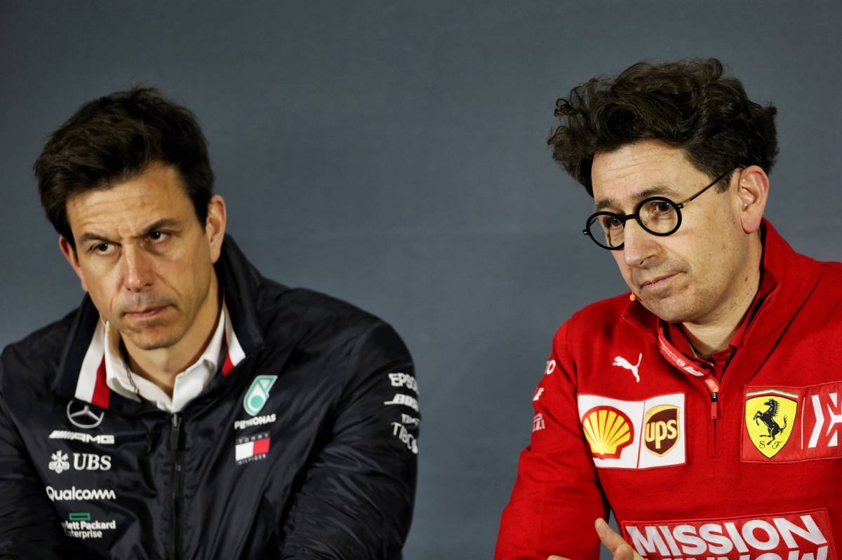 Toto Wolff (GER) Mercedes AMG F1 Shareholder and Executive Director and Mattia Binotto (ITA) Ferrari Team Principal in the FIA Press Conference.