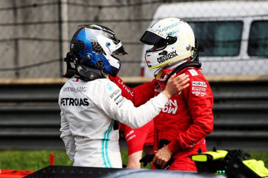 (L to R): Valtteri Bottas (FIN) Mercedes AMG F1 celebrates his pole position with third placed Sebastian Vettel (GER) Ferrari in qualifying parc ferme.
13.04.2019. Formula 1 World Championship, Rd 3, Chinese Grand Prix, Shanghai, China, Qualifying Day.
- www.xpbimages.com, EMail: requests@xpbimages.com - copy of publication required for printed pictures. Every used picture is fee-liable. © Copyright: Batchelor / XPB Images