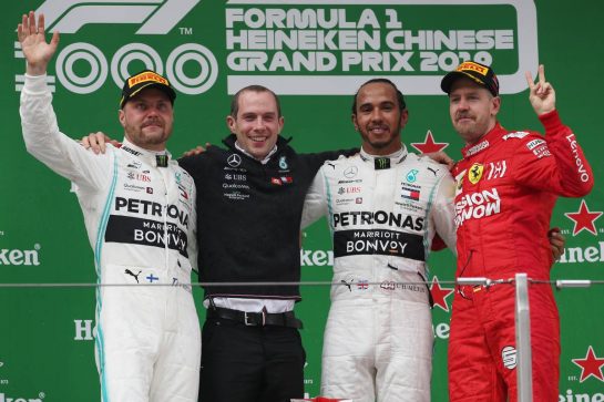 1st place Lewis Hamilton (GBR) Mercedes AMG F1 W10, 2nd place Valtteri Bottas (FIN) Mercedes AMG F1 W10 and 3rd place Sebastian Vettel (GER) Ferrari SF90.
14.04.2019. Formula 1 World Championship, Rd 3, Chinese Grand Prix, Shanghai, China, Race Day.
- www.xpbimages.com, EMail: requests@xpbimages.com - copy of publication required for printed pictures. Every used picture is fee-liable. © Copyright: Batchelor / XPB Images