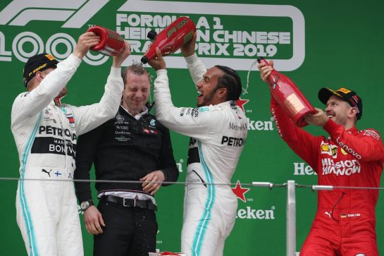 1st place Lewis Hamilton (GBR) Mercedes AMG F1 W10 with 2nd place Valtteri Bottas (FIN) Mercedes AMG F1 W10 and 3rd place Sebastian Vettel (GER) Ferrari SF90.
14.04.2019. Formula 1 World Championship, Rd 3, Chinese Grand Prix, Shanghai, China, Race Day.
- www.xpbimages.com, EMail: requests@xpbimages.com - copy of publication required for printed pictures. Every used picture is fee-liable. © Copyright: Batchelor / XPB Images