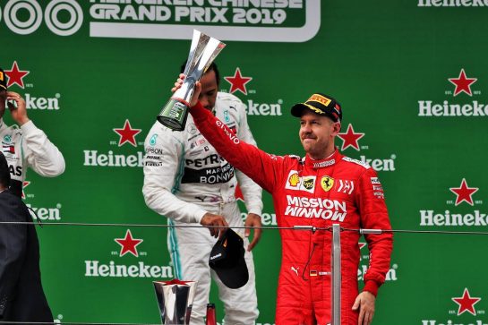 Sebastian Vettel (GER) Ferrari celebrates his third position on the podium.
14.04.2019. Formula 1 World Championship, Rd 3, Chinese Grand Prix, Shanghai, China, Race Day.
- www.xpbimages.com, EMail: requests@xpbimages.com - copy of publication required for printed pictures. Every used picture is fee-liable. © Copyright: Moy / XPB Images
