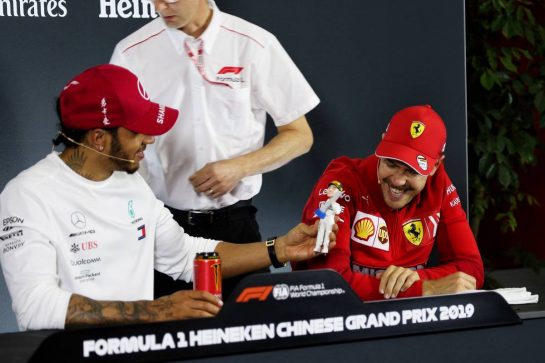 (L to R): race winner Lewis Hamilton (GBR) Mercedes AMG F1 and Sebastian Vettel (GER) Ferrari in the FIA Press Conference.
14.04.2019. Formula 1 World Championship, Rd 3, Chinese Grand Prix, Shanghai, China, Race Day.
- www.xpbimages.com, EMail: requests@xpbimages.com - copy of publication required for printed pictures. Every used picture is fee-liable. © Copyright: Photo4 / XPB Images