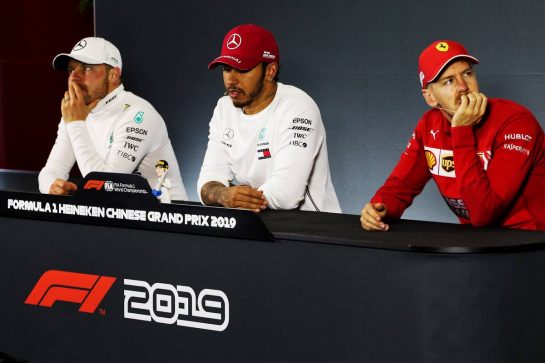 The post race FIA Press Conference (L to R): Valtteri Bottas (FIN) Mercedes AMG F1, second; Lewis Hamilton (GBR) Mercedes AMG F1, race winner; Sebastian Vettel (GER) Ferrari, third.
14.04.2019. Formula 1 World Championship, Rd 3, Chinese Grand Prix, Shanghai, China, Race Day.
- www.xpbimages.com, EMail: requests@xpbimages.com - copy of publication required for printed pictures. Every used picture is fee-liable. © Copyright: Photo4 / XPB Images