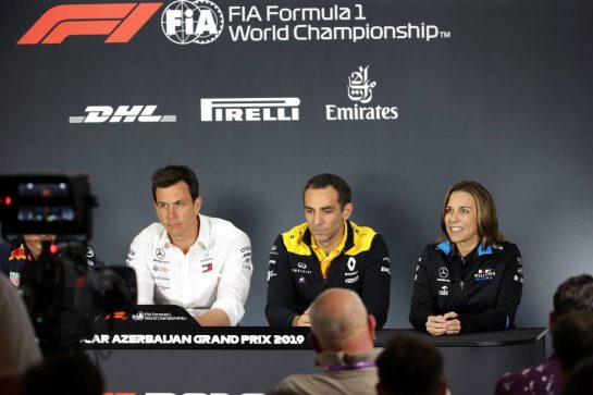 The FIA Press Conference (L to R): Toto Wolff (GER) Mercedes AMG F1 Shareholder and Executive Director; Cyril Abiteboul (FRA) Renault Sport F1 Managing Director; Claire Williams (GBR) Williams Racing Deputy Team Principal.
26.04.2019. Formula 1 World Championship, Rd 4, Azerbaijan Grand Prix, Baku Street Circuit, Azerbaijan, Practice Day.
- www.xpbimages.com, EMail: requests@xpbimages.com - copy of publication required for printed pictures. Every used picture is fee-liable. © Copyright: Bearne / XPB Images
