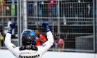 Valtteri Bottas (FIN) Mercedes AMG F1 celebrates his pole position in qualifying parc ferme.