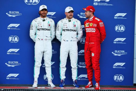 Qualifying top three in parc ferme (L to R): Lewis Hamilton (GBR) Mercedes AMG F1, second; Valtteri Bottas (FIN) Mercedes AMG F1, pole position; Sebastian Vettel (GER) Ferrari, third.
27.04.2019. Formula 1 World Championship, Rd 4, Azerbaijan Grand Prix, Baku Street Circuit, Azerbaijan, Qualifying Day.
- www.xpbimages.com, EMail: requests@xpbimages.com - copy of publication required for printed pictures. Every used picture is fee-liable. © Copyright: Batchelor / XPB Images