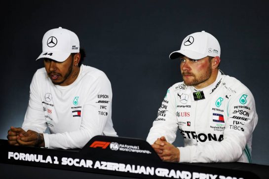 (L to R): Lewis Hamilton (GBR) Mercedes AMG F1 and pole sitter Valtteri Bottas (FIN) Mercedes AMG F1 in the post qualifying FIA Press Conference.
27.04.2019. Formula 1 World Championship, Rd 4, Azerbaijan Grand Prix, Baku Street Circuit, Azerbaijan, Qualifying Day.
- www.xpbimages.com, EMail: requests@xpbimages.com - copy of publication required for printed pictures. Every used picture is fee-liable. © Copyright: Batchelor / XPB Images