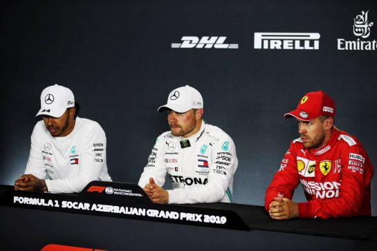 Qualifying top three in ther FIA Press Conference (L to R): Lewis Hamilton (GBR) Mercedes AMG F1, second; Valtteri Bottas (FIN) Mercedes AMG F1, pole position; Sebastian Vettel (GER) Ferrari, third.
27.04.2019. Formula 1 World Championship, Rd 4, Azerbaijan Grand Prix, Baku Street Circuit, Azerbaijan, Qualifying Day.
- www.xpbimages.com, EMail: requests@xpbimages.com - copy of publication required for printed pictures. Every used picture is fee-liable. © Copyright: Batchelor / XPB Images